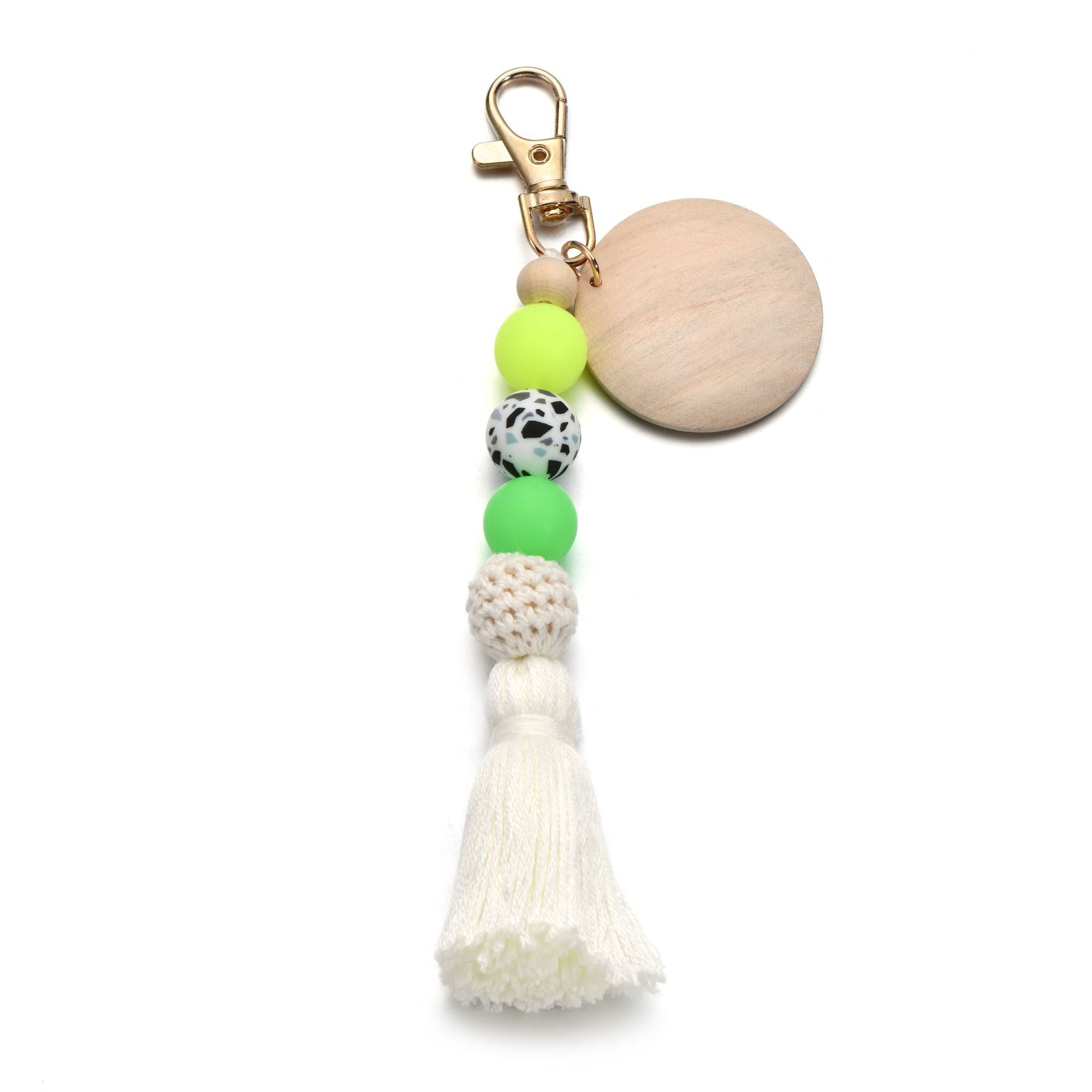Wholesale Fluorescent Silicone Bead Wood Chip Tassel Keychain